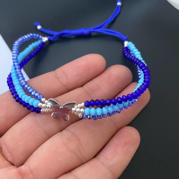 925 Sterling Silver Blue Thread  Butterfly Adjustable Three Layer Bracelet - Picture 3 of 13